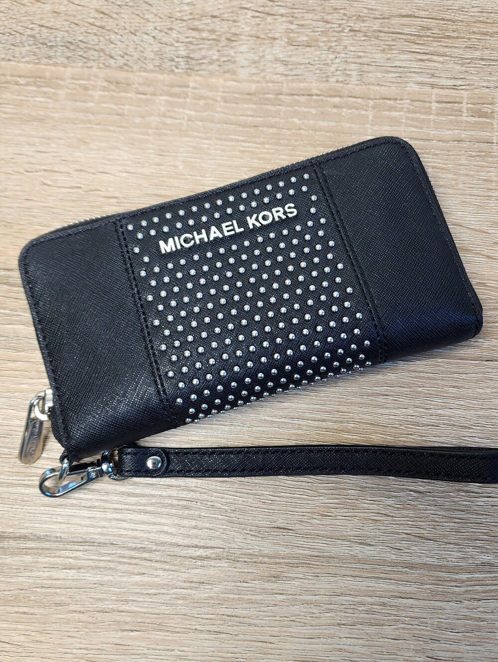 MICHAEL KORS Saffiano Studded Black Leather Silver Wristlet Zip Wallet Clutch